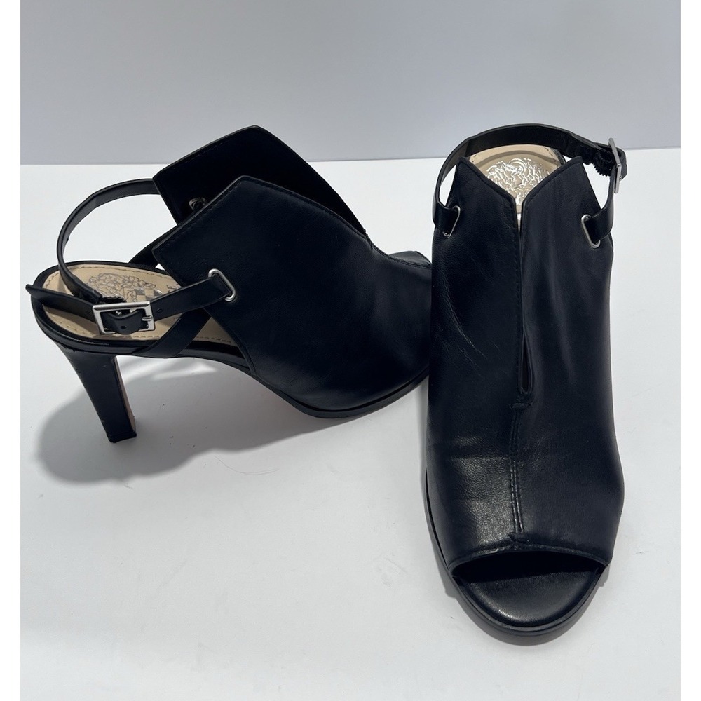 Vince Camuto Neveah Black Leather Peep-Toe Slingback Heel Sandal Silver Size 7